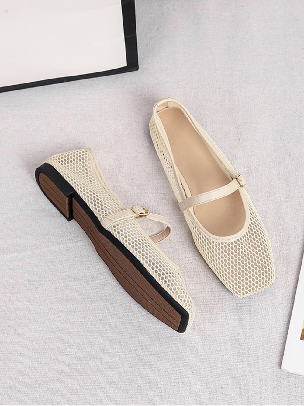 Neutral Beige Mary Jane Mesh Flats with Adjustable Strap - Picture 5 of 7